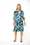 Green/Blue Geometric Dream 3/4 Sleeve Premium Jersey Dress