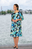 Green/Blue Geometric Dream 3/4 Sleeve Premium Jersey Dress