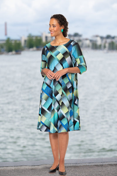 Green/Blue Geometric Dream 3/4 Sleeve Premium Jersey Dress