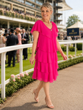 Hot Pink Chiffon Multi Tiered Dress With Diamante Detail