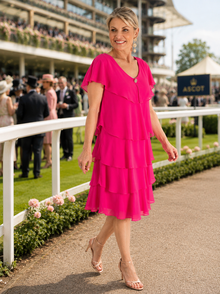 Hot Pink Chiffon Multi Tiered Dress With Diamante Detail