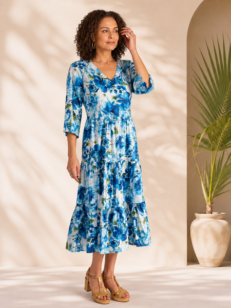 Blue/Multi Floral Print V Neck Crinkle Cotton Midi Dress