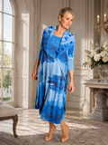 Cobalt/Grey Splash Print Pleated Dress With Chiffon Flower Detail