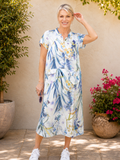 White/Blue Floral Meadow Print Linen Dress with Front Pockets