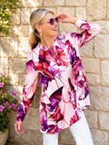 Pink/Fuchsia Tropical Leaf Print Linen Blouse