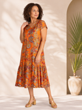 Burnt Orange/Multi Exotic Paisley Print Crinkle Cotton Midi Dress