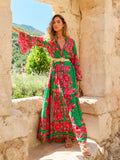 A Green/Pink Floral Print Button Front Maxi Dress with 3/4 Trumpet Sleeves