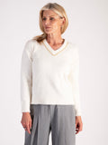 Cream Soft Knit V Neck Sweater with Gold Chain Trim