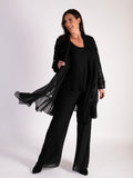 Sophisticated Black Confetti Applique Mesh Coat with Chiffon Trim