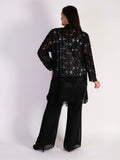 Sophisticated Black Confetti Applique Mesh Coat with Chiffon Trim