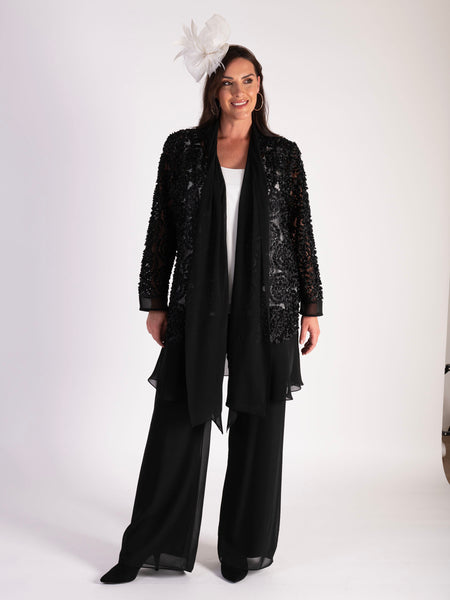 Sophisticated Black Confetti Applique Mesh Coat with Chiffon Trim