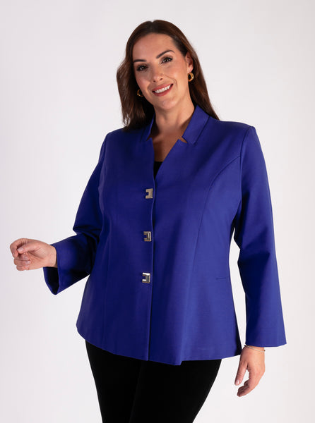 Chic Blue-Violet Ponte Roma Jacket with Gold Stud Fastenings