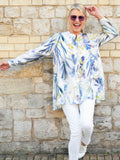 White/Blue Floral Meadow Print Linen Blouse