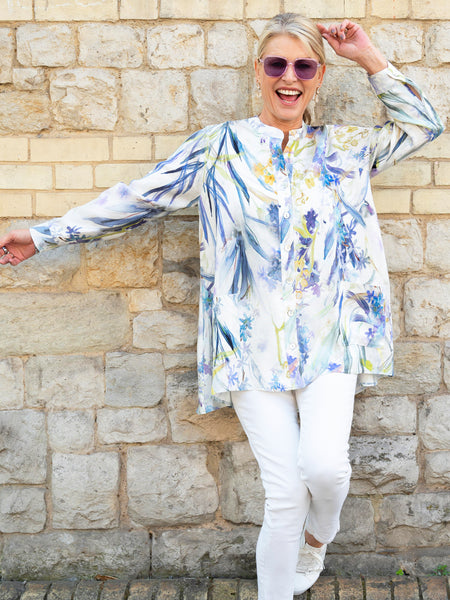 White/Blue Floral Meadow Print Linen Blouse