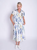 White/Blue Floral Meadow Print Linen Dress with Front Pockets