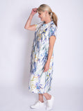 White/Blue Floral Meadow Print Linen Dress with Front Pockets