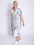 White/Blue Floral Meadow Print Linen Dress with Front Pockets