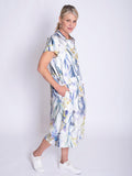 White/Blue Floral Meadow Print Linen Dress with Front Pockets