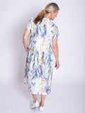 White/Blue Floral Meadow Print Linen Dress with Front Pockets