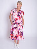 Pink/Fuchsia Tropical Leaf Print Linen Dress with Front Pockets