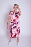 Pink/Fuchsia Tropical Leaf Print Linen Dress with Front Pockets