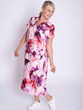 Pink/Fuchsia Tropical Leaf Print Linen Dress with Front Pockets