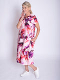Pink/Fuchsia Tropical Leaf Print Linen Dress with Front Pockets