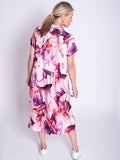 Pink/Fuchsia Tropical Leaf Print Linen Dress with Front Pockets