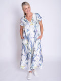 White/Blue Floral Meadow Print V-Neck Panelled Linen Dress