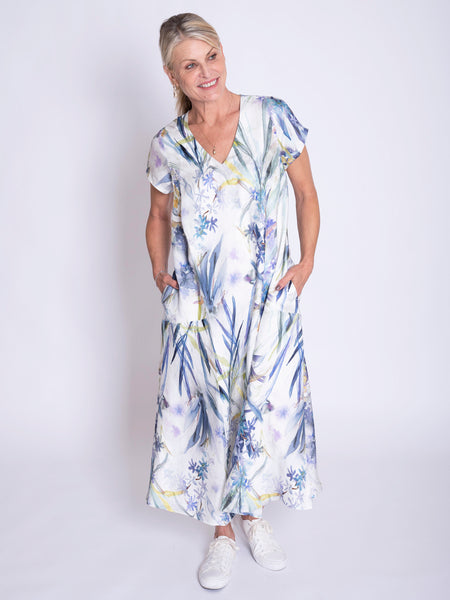 White/Blue Floral Meadow Print V-Neck Panelled Linen Dress