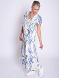 White/Blue Floral Meadow Print V-Neck Panelled Linen Dress
