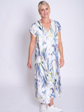White/Blue Floral Meadow Print V-Neck Panelled Linen Dress