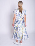 White/Blue Floral Meadow Print V-Neck Panelled Linen Dress