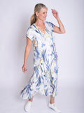 White/Blue Floral Meadow Print V-Neck Panelled Linen Dress