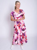Pink/Fuchsia Tropical Leaf Print V-Neck Panelled Linen Dress