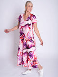 Pink/Fuchsia Tropical Leaf Print V-Neck Panelled Linen Dress