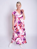 Pink/Fuchsia Tropical Leaf Print V-Neck Panelled Linen Dress