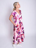 Pink/Fuchsia Tropical Leaf Print V-Neck Panelled Linen Dress
