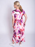 Pink/Fuchsia Tropical Leaf Print V-Neck Panelled Linen Dress