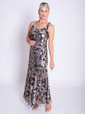Pewter/Gold Cascading Leaf Devoree Dress with Applique Detail