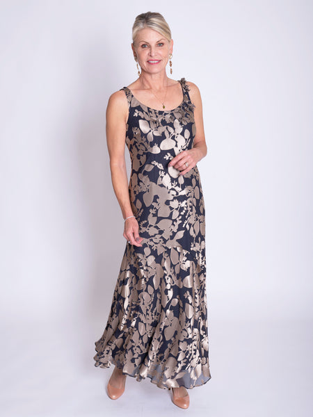 Pewter/Gold Cascading Leaf Devoree Dress with Applique Detail