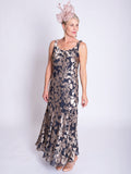 Pewter/Gold Cascading Leaf Devoree Dress with Applique Detail
