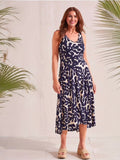Jet Blue/Beige Abstract Print Sleeveless High-Low Dress