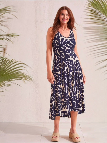 Jet Blue/Beige Abstract Print Sleeveless High-Low Dress