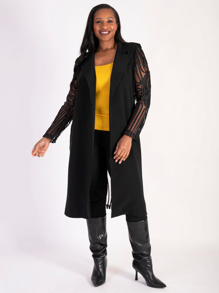 Black Cornelli Embroidered Longline Mesh Coat