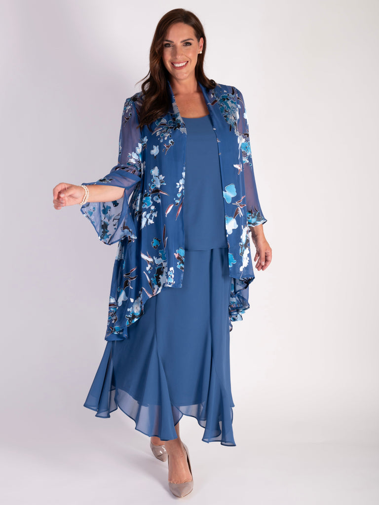 Azure Floral Print Silk Devore Swing Jacket with Split Cuff Detail | Chesca