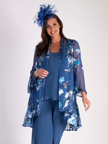 Azure Floral Print Silk Devore Swing Jacket with Split Cuff Detail