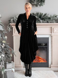 Black Stretch Velvet Drape Dress with Button Placket