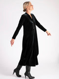 Black Stretch Velvet Drape Dress with Button Placket