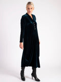 Teal Stretch Velvet Drape Dress With Button Placket